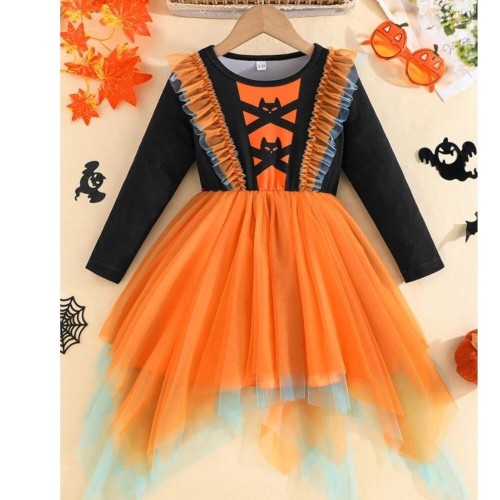 Girls Witch Orange Dress Halloween Costume - Picture 1 of 3